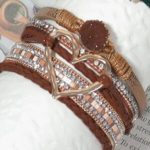 New Boho Brown & Gold Multi-Strand Heart Bracelet Stack